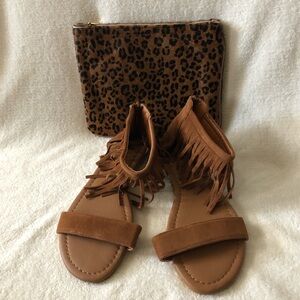 Bundle leopard print clutch and fringe flat sandals